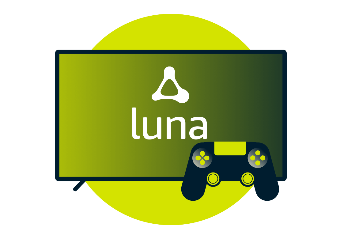 Amazon Luna-logo p&aring; en skjerm med en h&aring;ndkontroll.