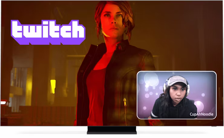 Twitch-logo, spill og str&oslash;mming p&aring; skjerm.